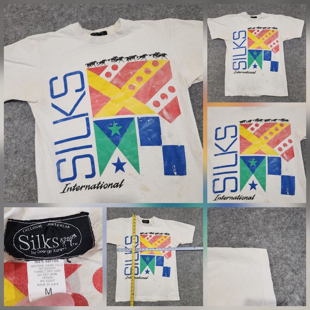 VTG Silks International Mens M Medium Flag Horse Racing Single Stitch T Shirt